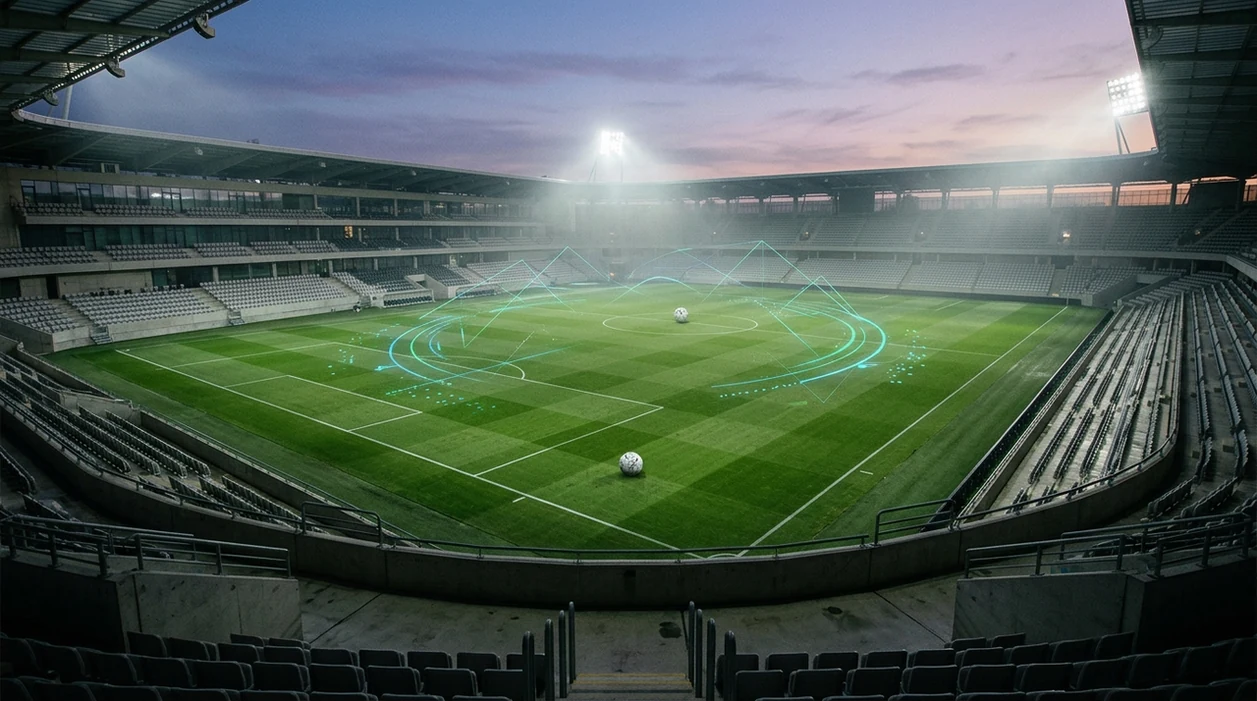 An empty football stadium with a ball at midfield and subtle data-style arcs above the pitch.