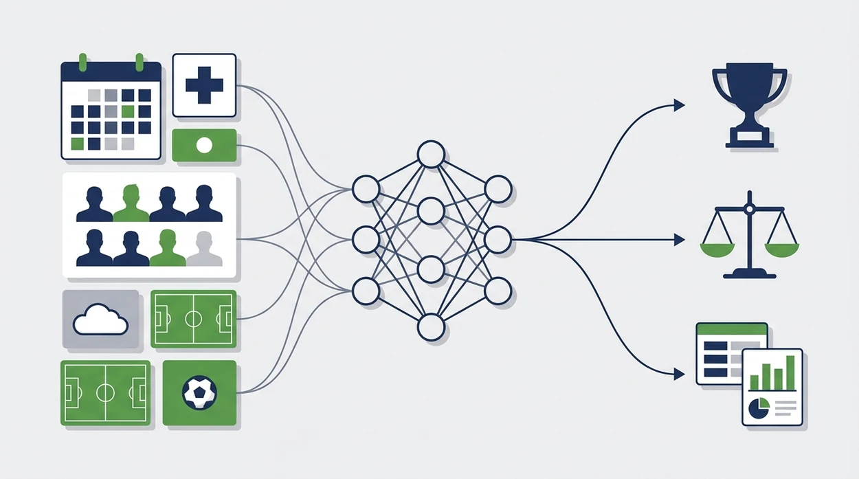 A clean diagram shows football data inputs flowing through an AI model into forecast outputs.