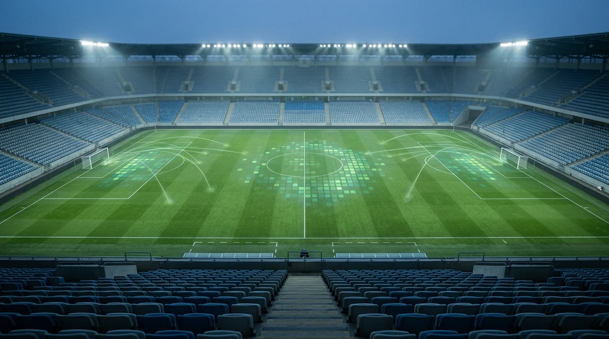 An empty football pitch is overlaid with a subtle probability grid suggesting ranked correct-score forecasts.