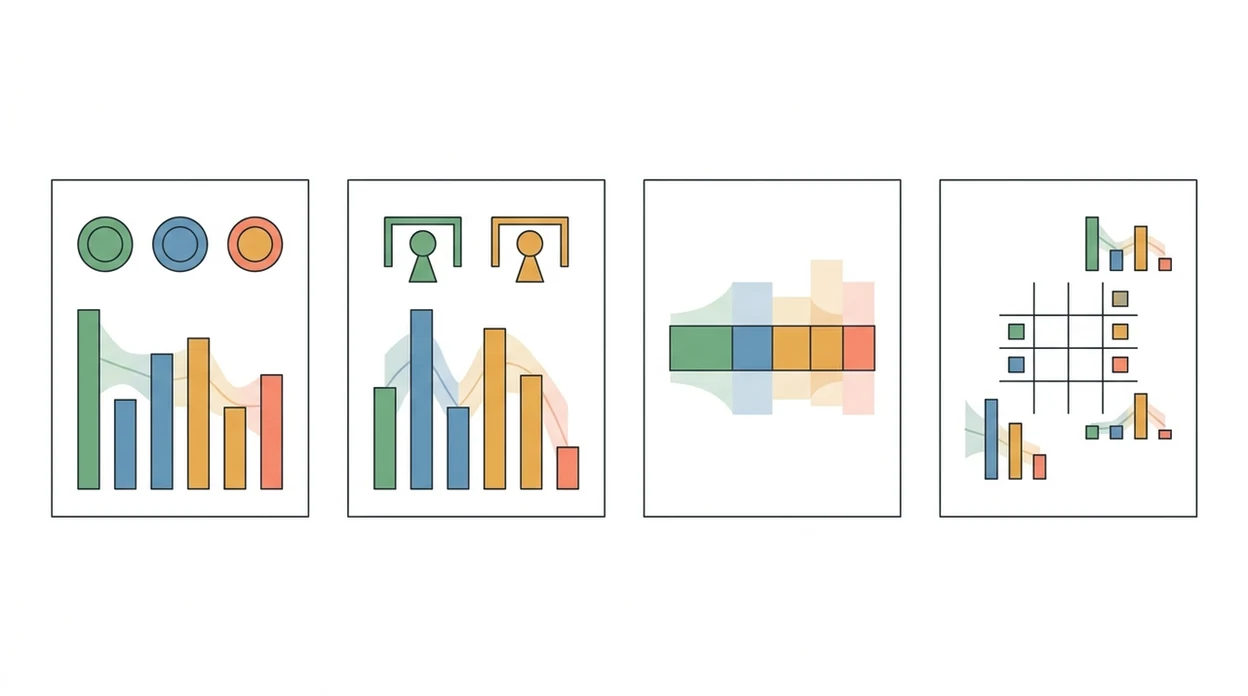 A clean diagram separates football prediction results into four category panels with bars and bands.
