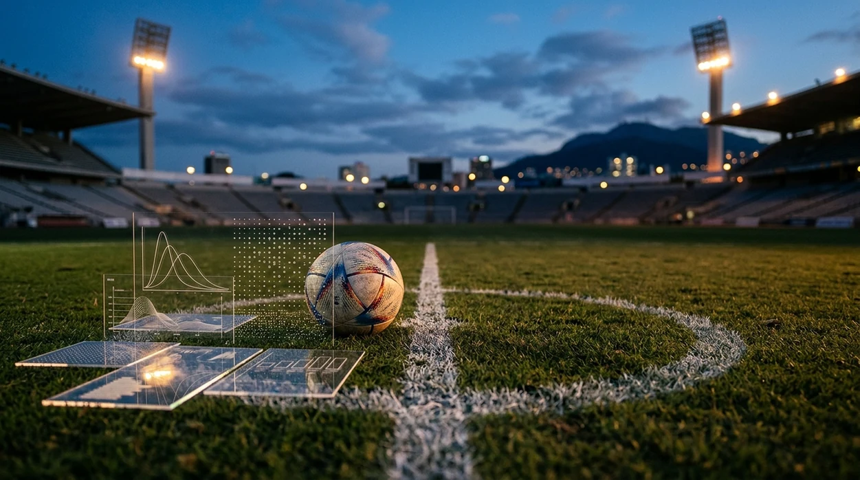 A football analyst desk shows a ball, blank grids, tokens, and tools under stadium lights.