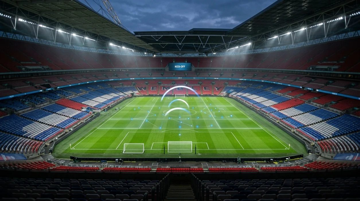 An empty football stadium with subtle probability graphics hovering above the pitch before kickoff.