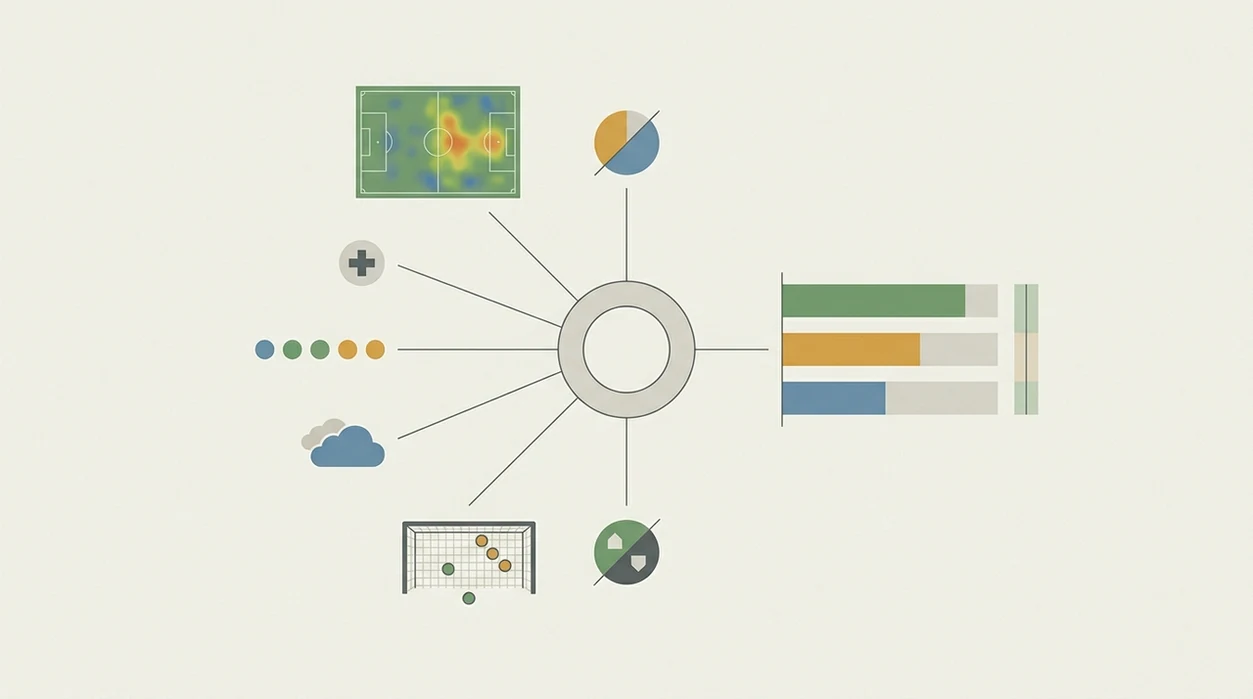 A simple diagram shows football data signals feeding an AI model and producing probability bars.