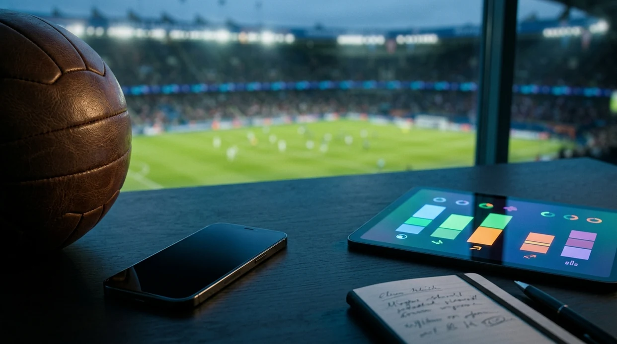 A smartphone on a football tactics board shows abstract prediction charts beside match analysis objects.