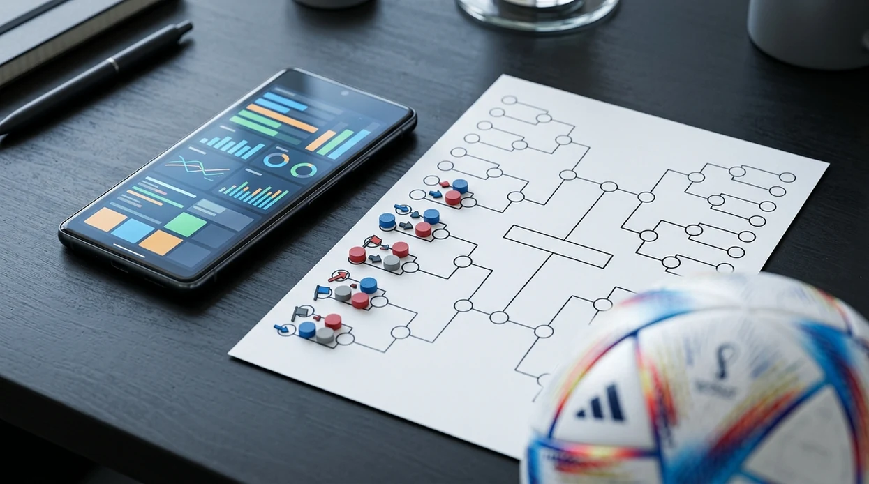 A smartphone with abstract prediction charts sits beside football and blank tournament bracket cards.