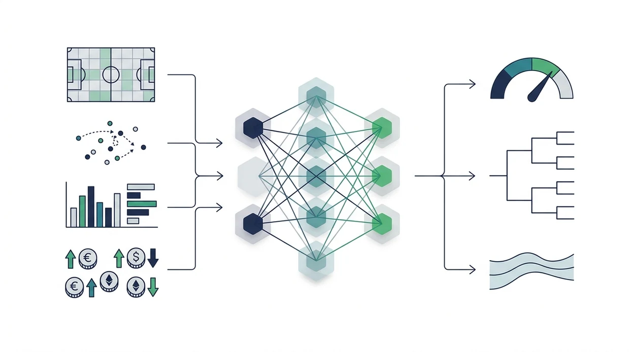 A clean diagram shows match data flowing through a model into probability gauges and bracket paths.