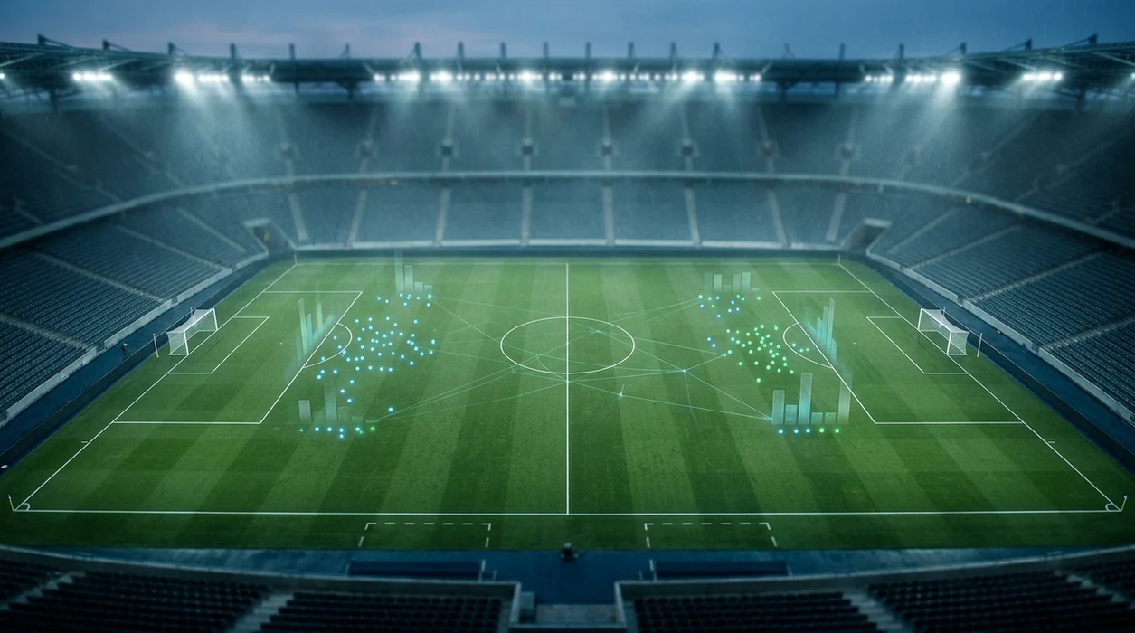 A floodlit football pitch with subtle data graphics suggesting AI-ranked BTTS match analysis.