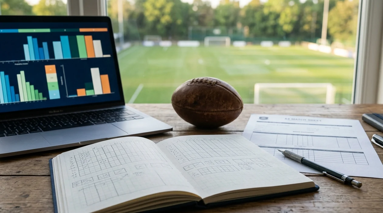 An analyst desk shows football result tracking tools, abstract charts, and a ball beside a blurred pitch.