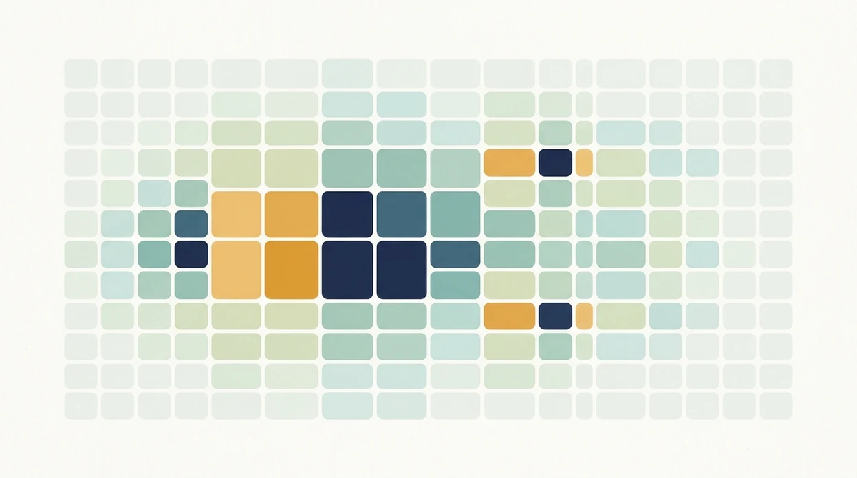 An abstract heatmap grid shows stronger and weaker scoreline probabilities without labels or numbers.