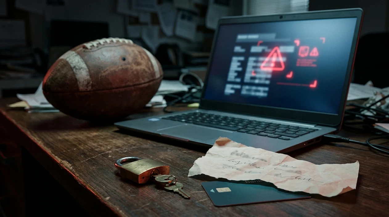 A football, laptop, bank card, and padlock suggest the risks of fake football prediction sites.