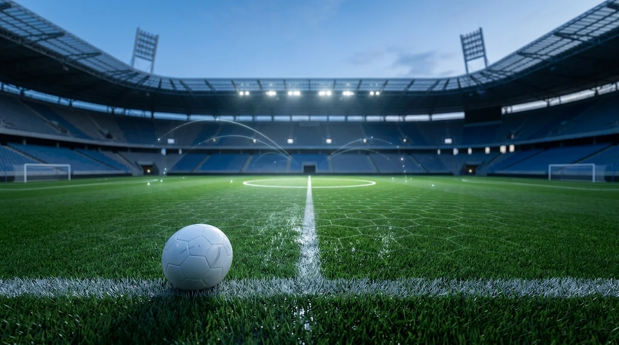 A football on a stadium pitch with subtle probability graphics suggesting audited match forecasts.
