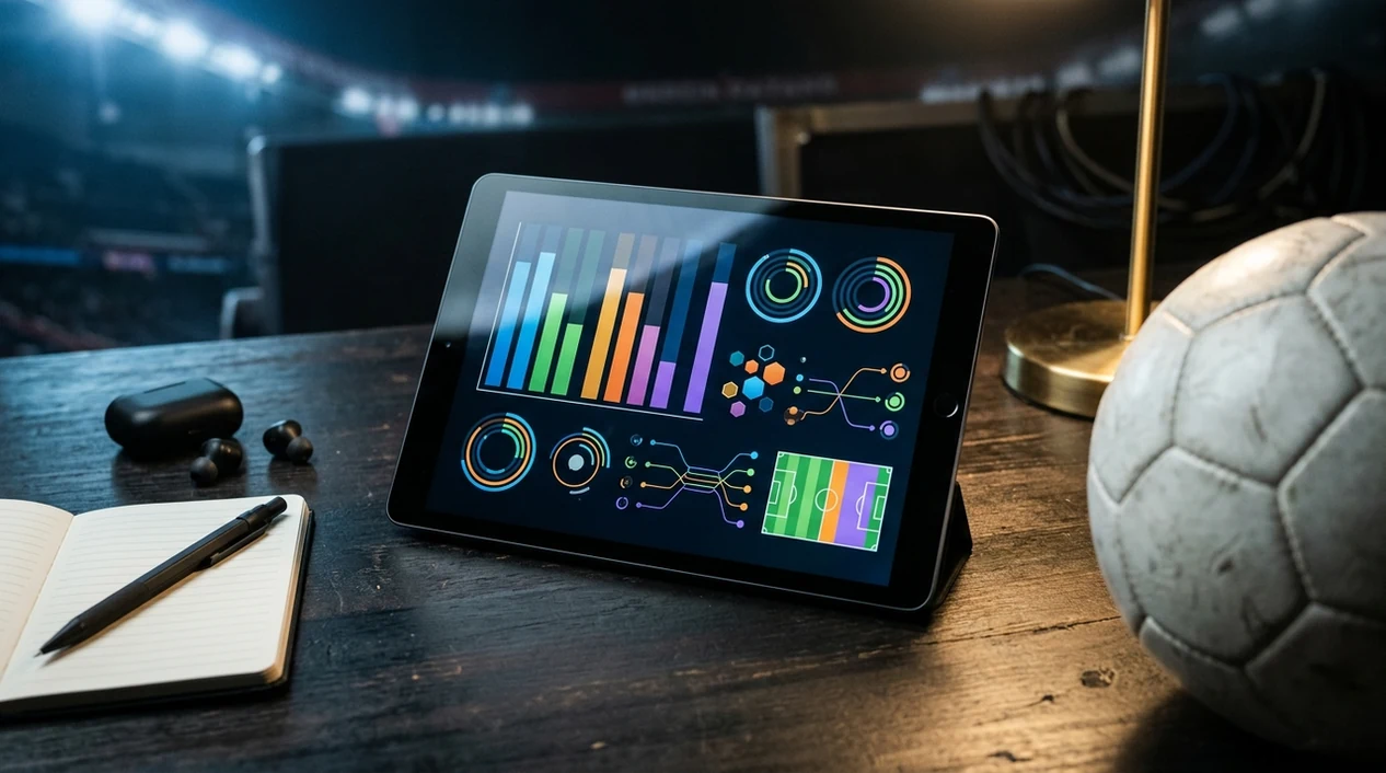 A phone and football tactics board suggest AI match probabilities in a clean sports analytics setup.
