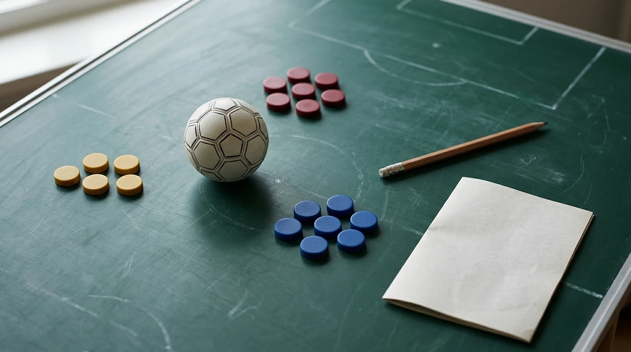 A football on a tactics board with colored tokens arranged like outcome probabilities before a match.