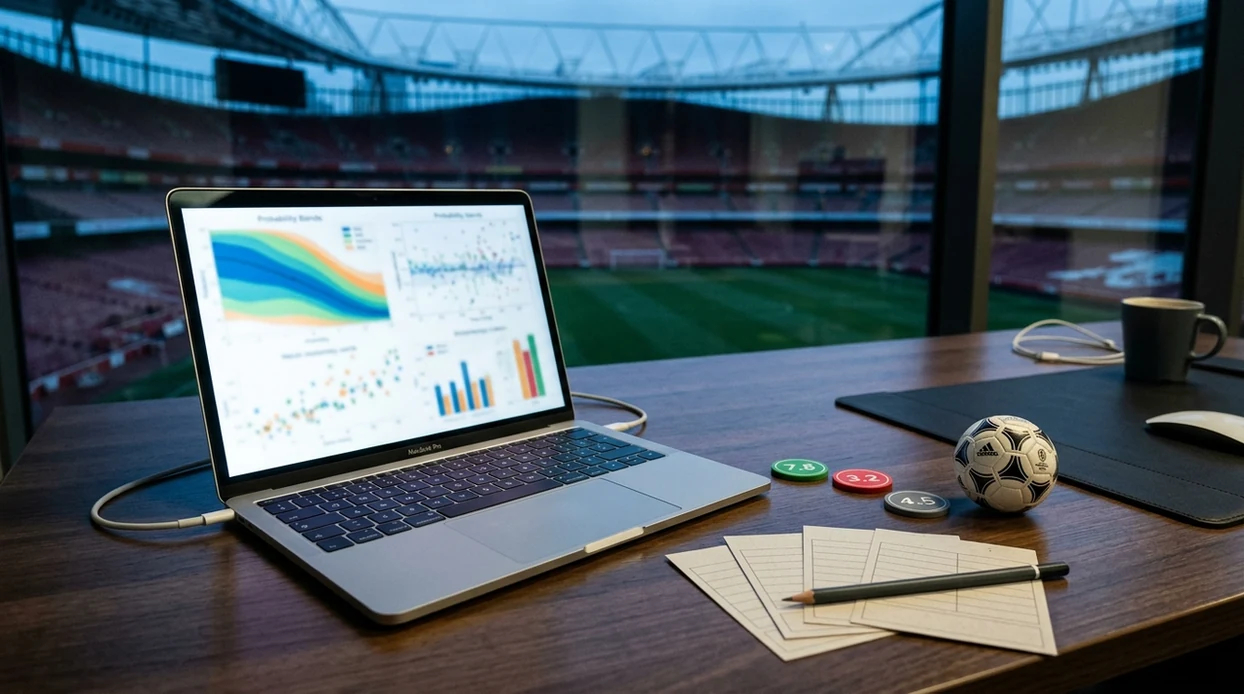A football analytics desk shows abstract result charts, grading tokens, and a blurred stadium pitch at dawn.