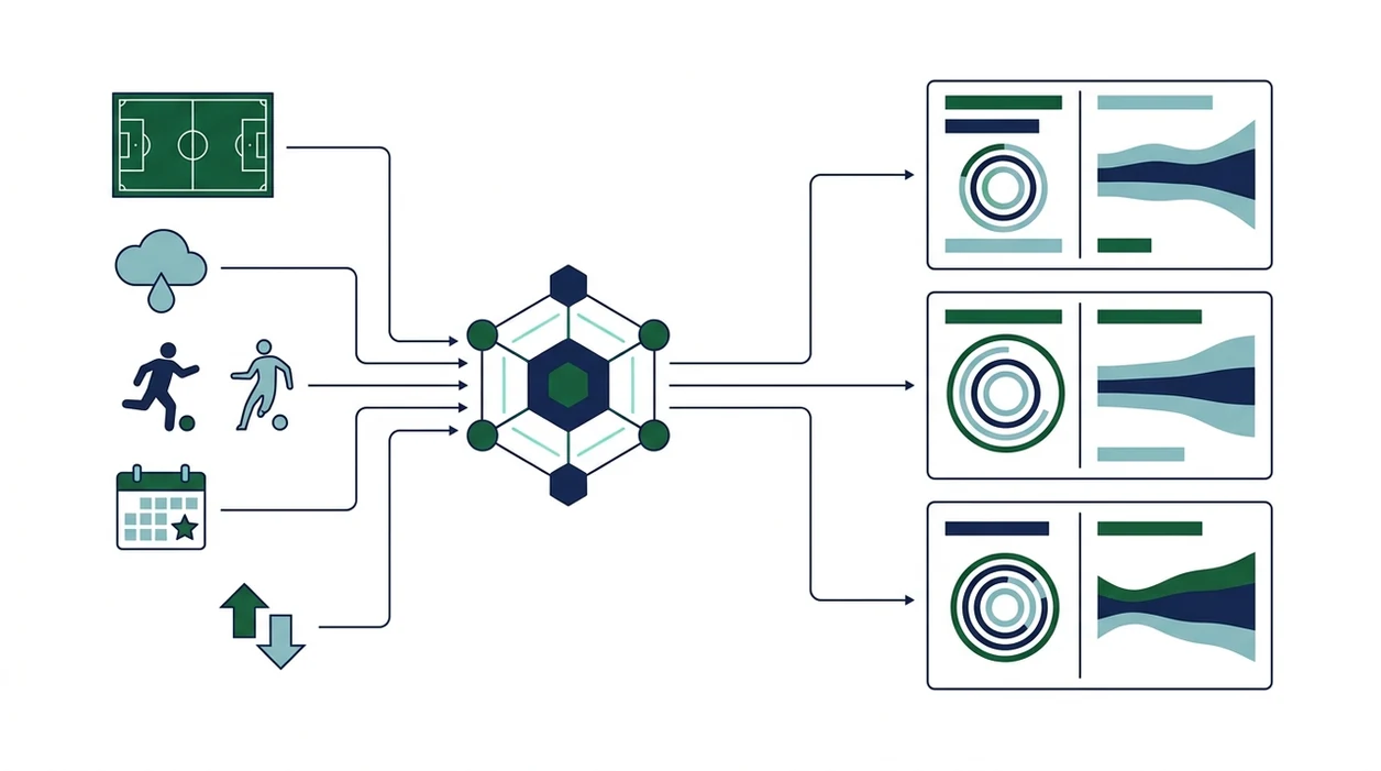 An abstract diagram shows football match data flowing into an AI model and out as prediction signals.