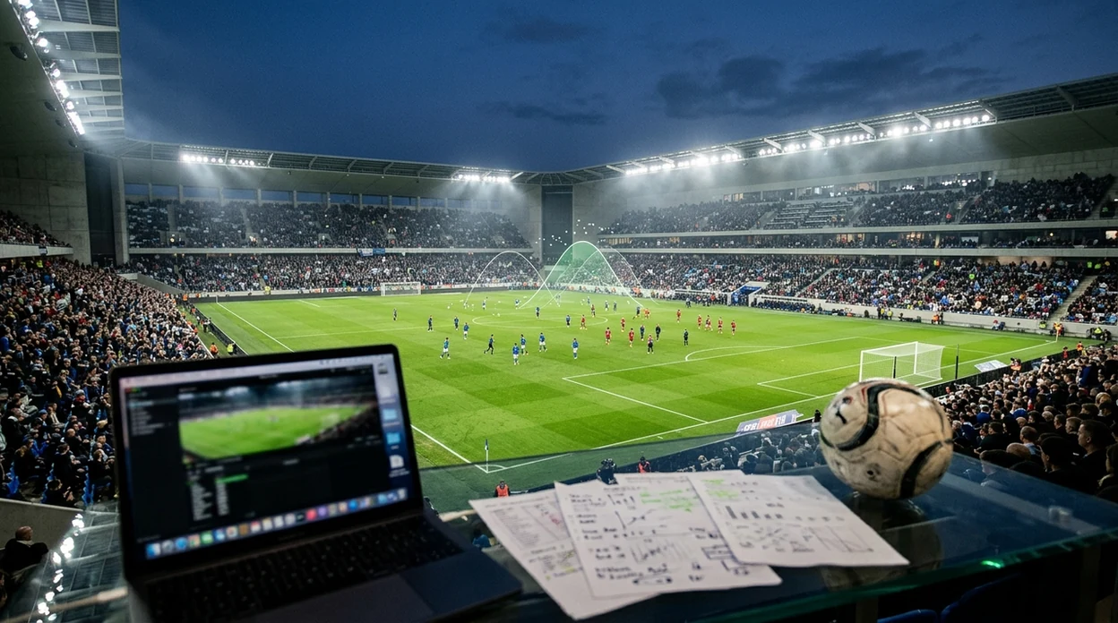 A floodlit football stadium with abstract data graphics suggesting AI match forecasts before kickoff.