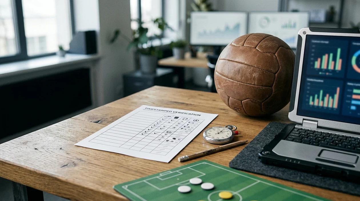 A football analytics desk shows an archive ledger, match ball, laptop charts, and grading marks.
