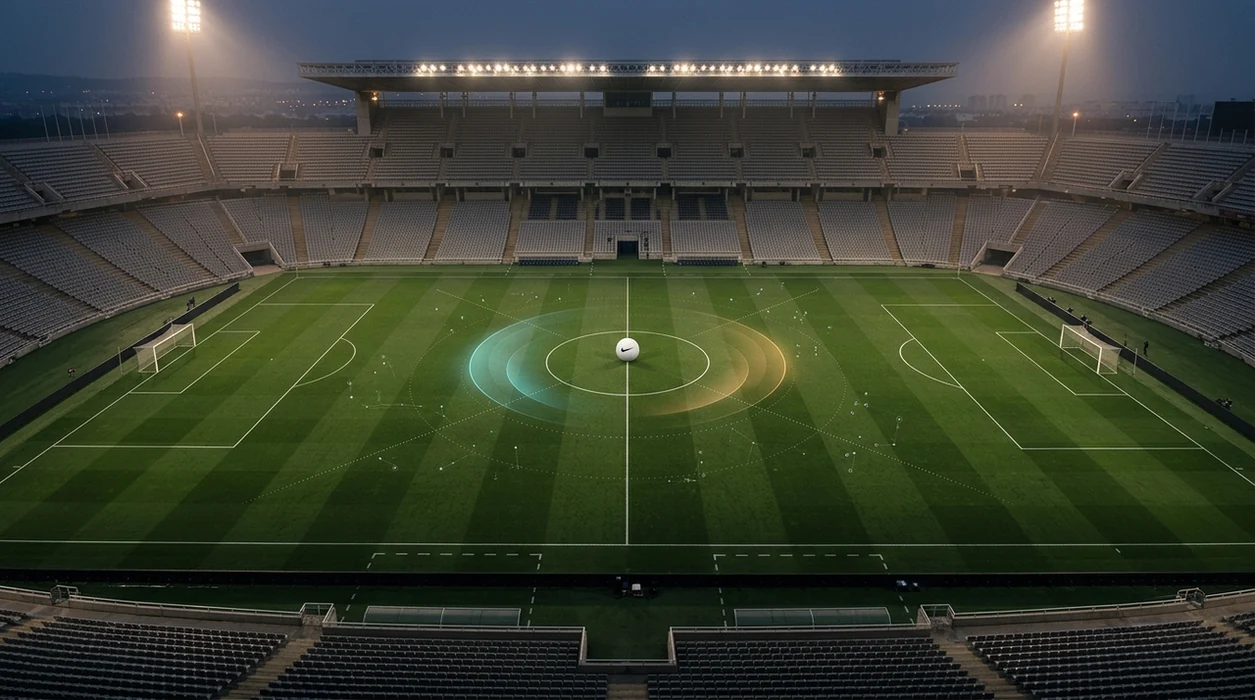 An empty football pitch with a ball at midfield and abstract probability graphics above the grass.