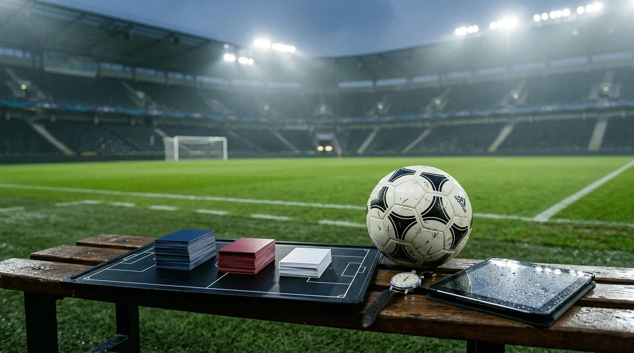A football tactics board with stacked probability cards sits beside a ball in an empty stadium.