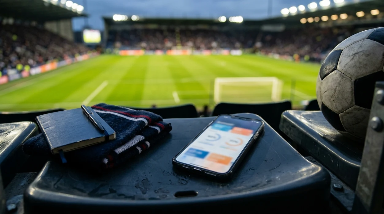 A phone, football, scarf, and notebook sit by a blurred floodlit pitch before kickoff.