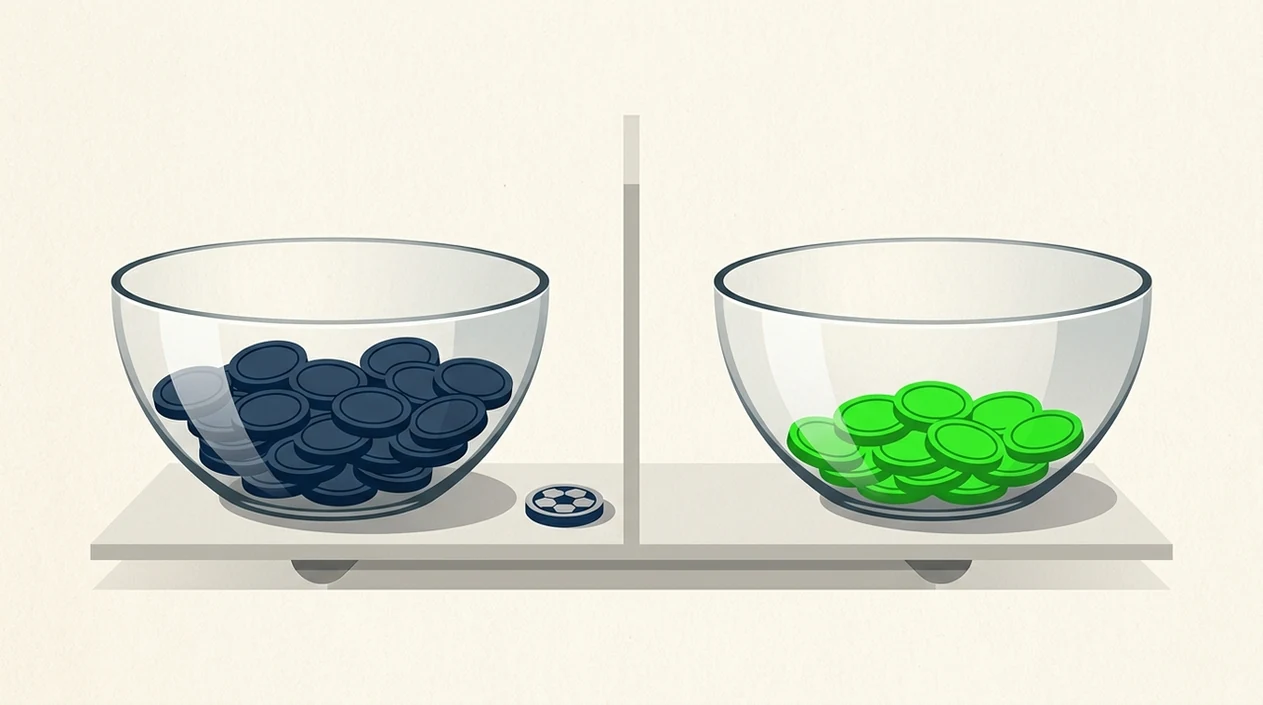 Two minimalist token scales compare market-implied probability with an AI total-goals estimate.