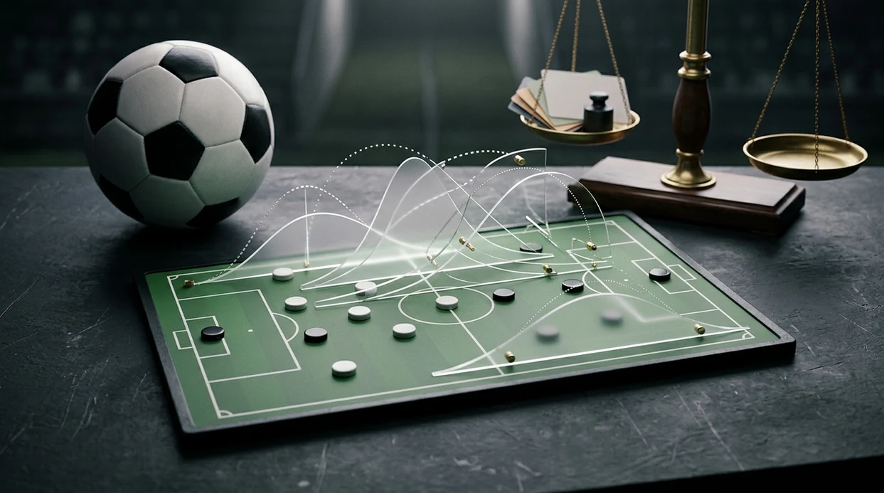 A football on a pitch is surrounded by branching light paths and a balancing scale, suggesting uncertain predictions.