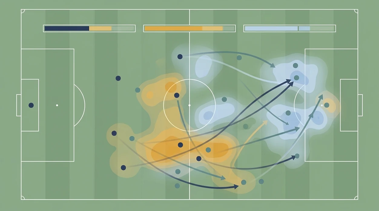 A football pitch diagram shows heatmaps, player dots, and unlabeled probability bars.