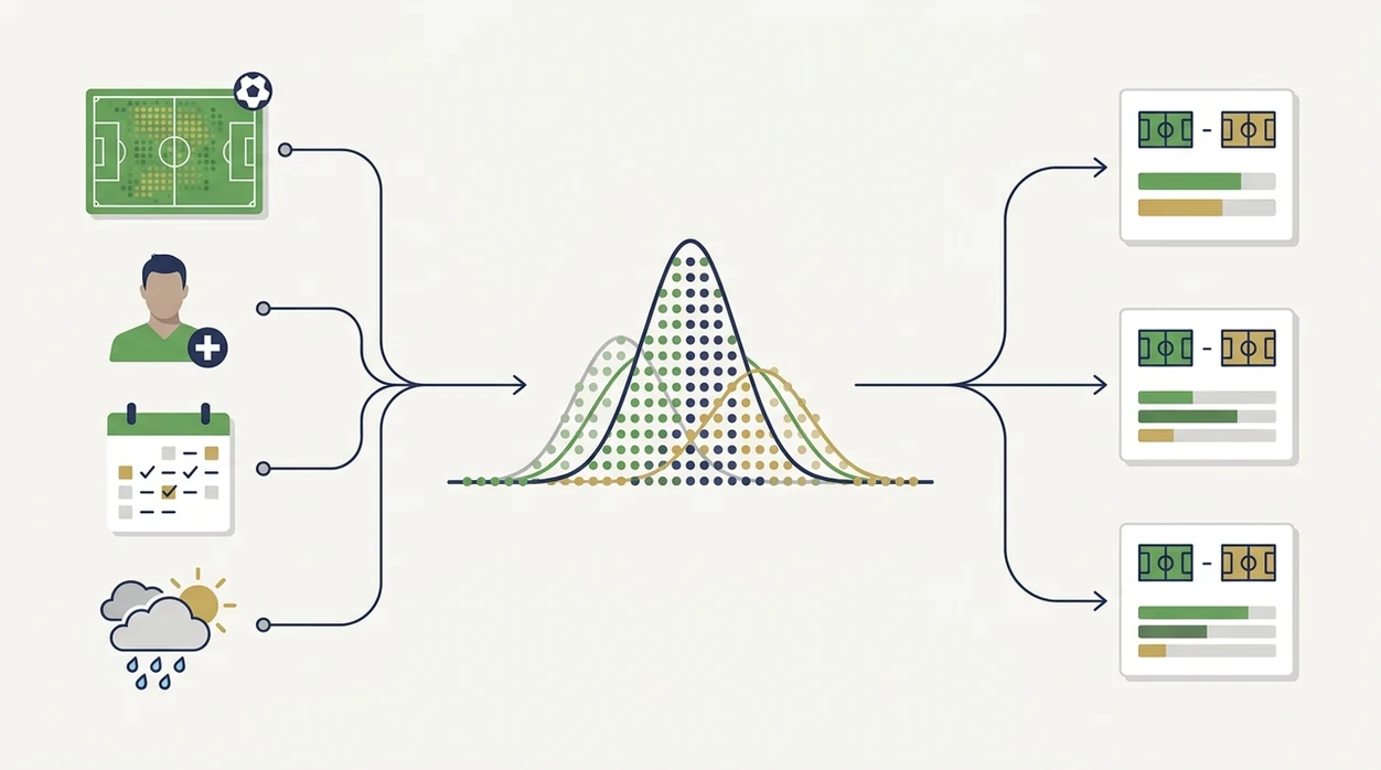 A clean diagram shows football data inputs flowing into a score probability model.