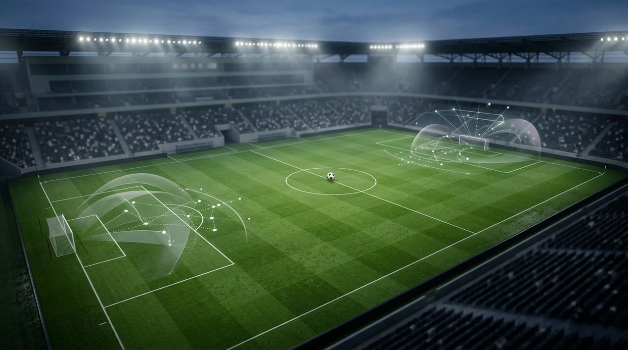 A floodlit football pitch with subtle data arcs showing AI score prediction zones.