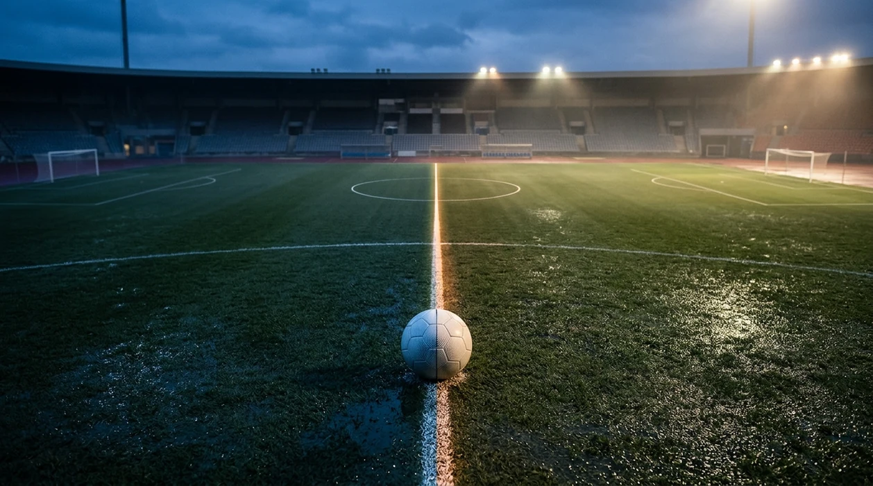 A football sits on the centre line of an empty pitch, split between warm light and cool shadow.