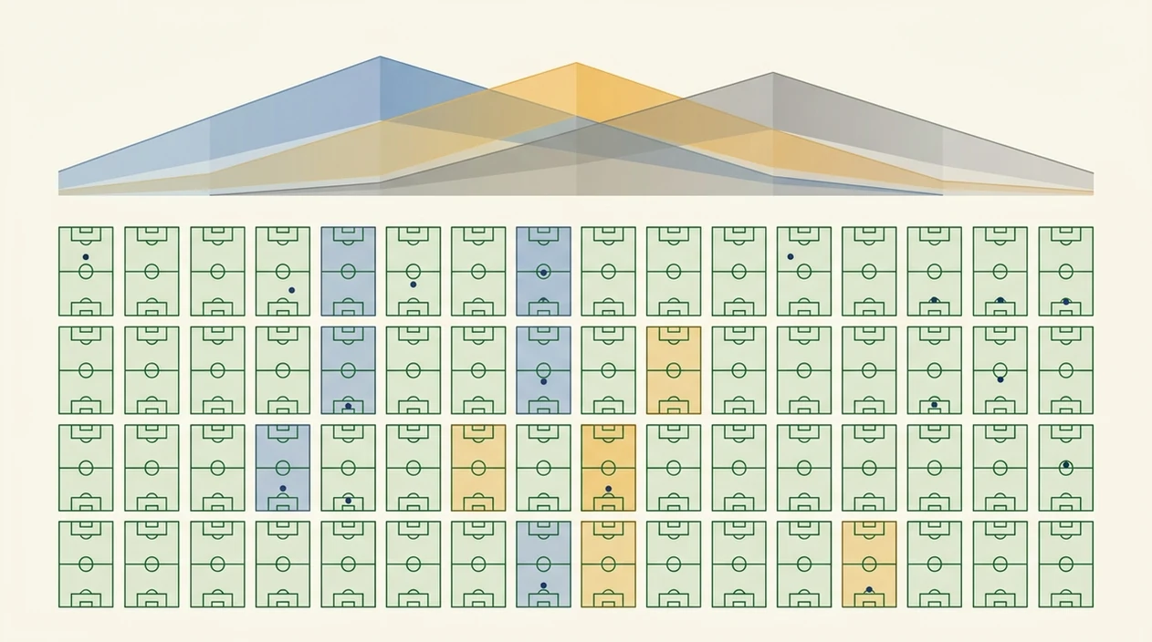 A clean grid of small pitch diagrams shows repeated matches used to judge prediction calibration.