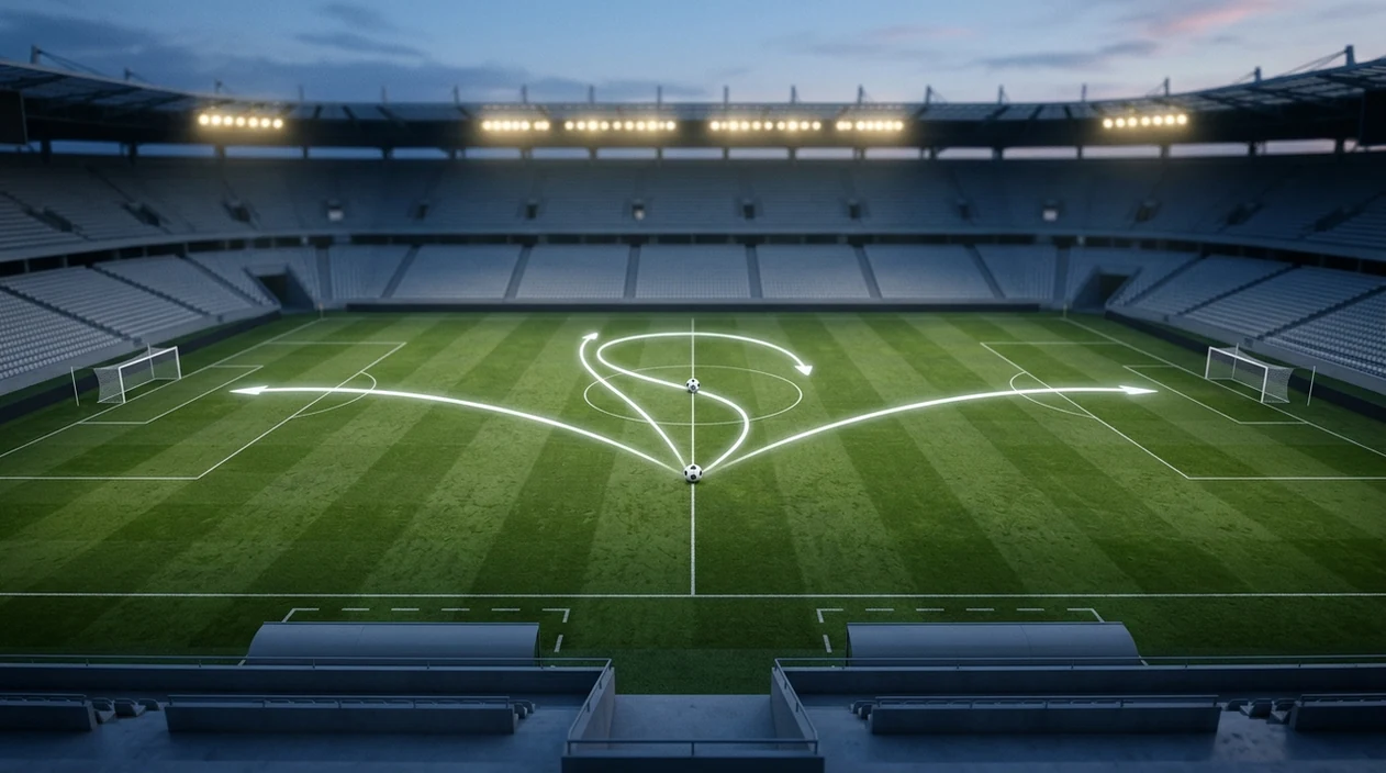 An empty football pitch shows three subtle glowing paths from the center circle toward possible match outcomes.
