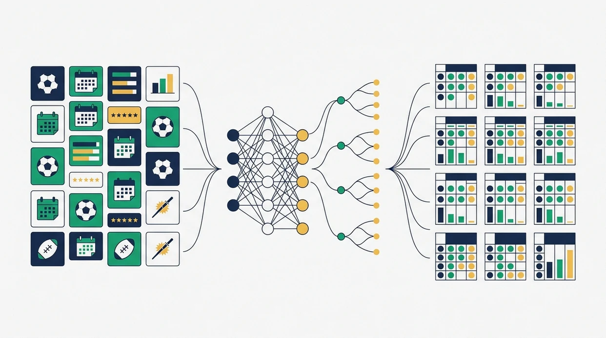 An abstract diagram shows football data flowing through an AI model into group probability tables.