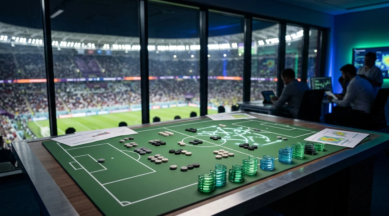 A football analytics table shows grouped team markers and probability tokens beside a floodlit stadium.