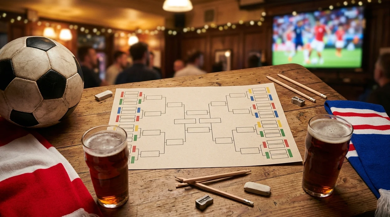 A football, blank bracket sheet, and drinks sit on a pub table before a blurred World Cup broadcast.