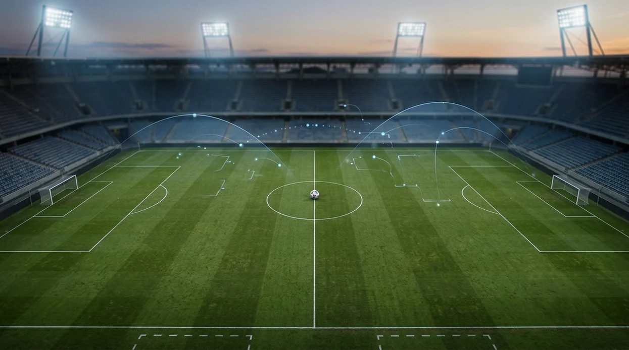 A football pitch with a center ball and abstract prediction paths suggesting World Cup forecast results.