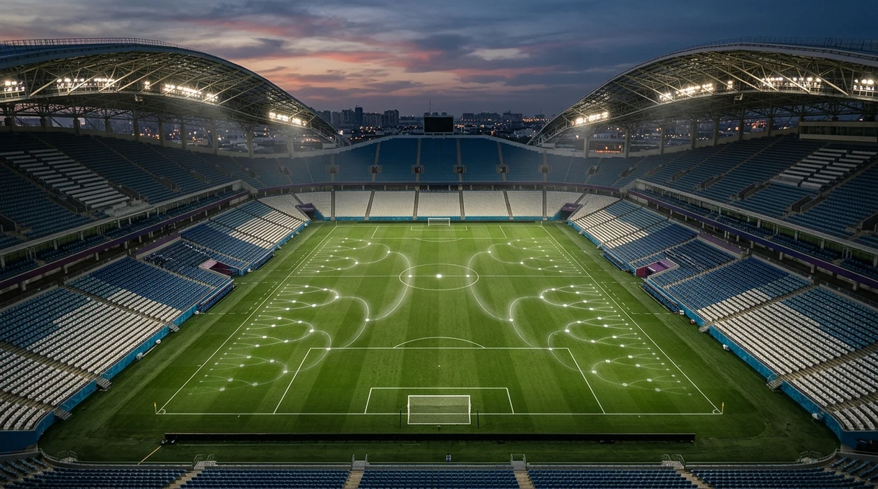An empty football stadium with glowing probability paths projected across the pitch at dusk.