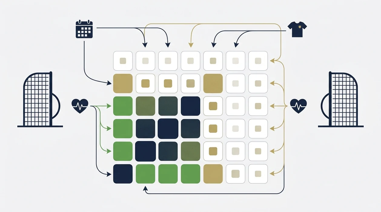 A clean diagram shows match inputs flowing into an unlabeled scoreline probability matrix.