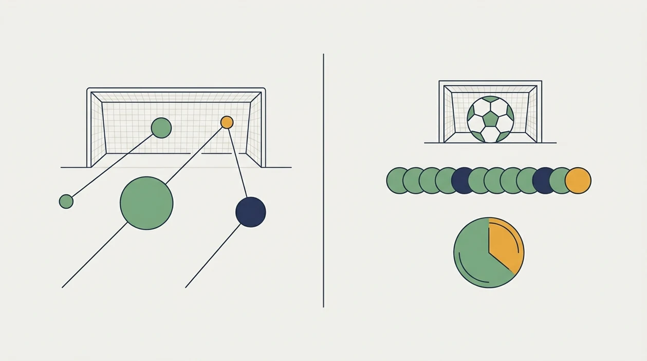 A simple split illustration compares chance-quality shot paths with traditional football stat symbols.