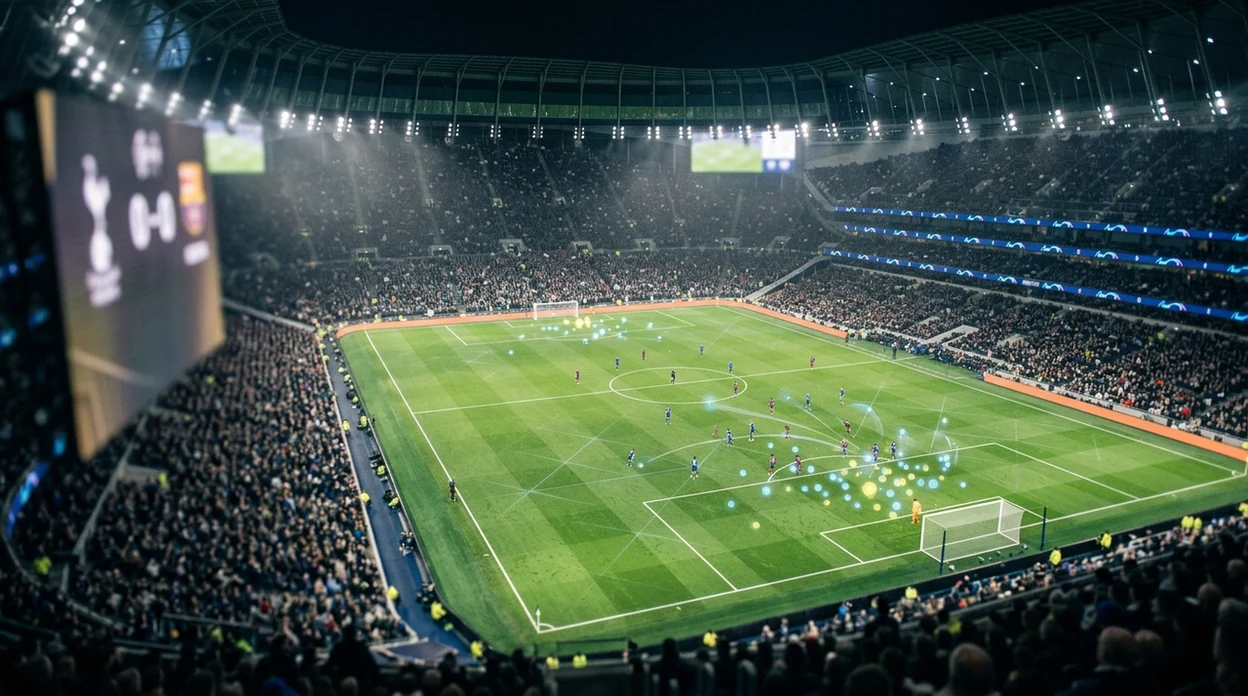 A football pitch is shown with glowing shot-probability markers contrasting match data and the scoreboard.